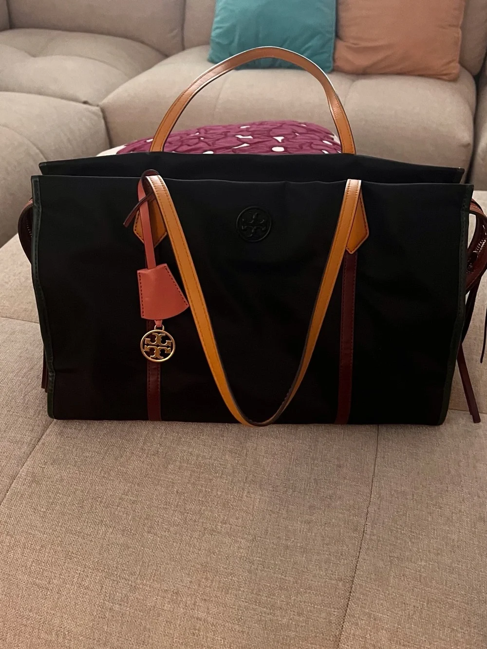 Tory Burch Black Nylon Tote with Leather Tan Straps and Burgundy Trim